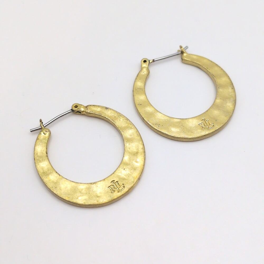VTG Lauren Ralph Lauren RLL Gold Tone Drop Hammered 1in Huggie Hoop Earrings
